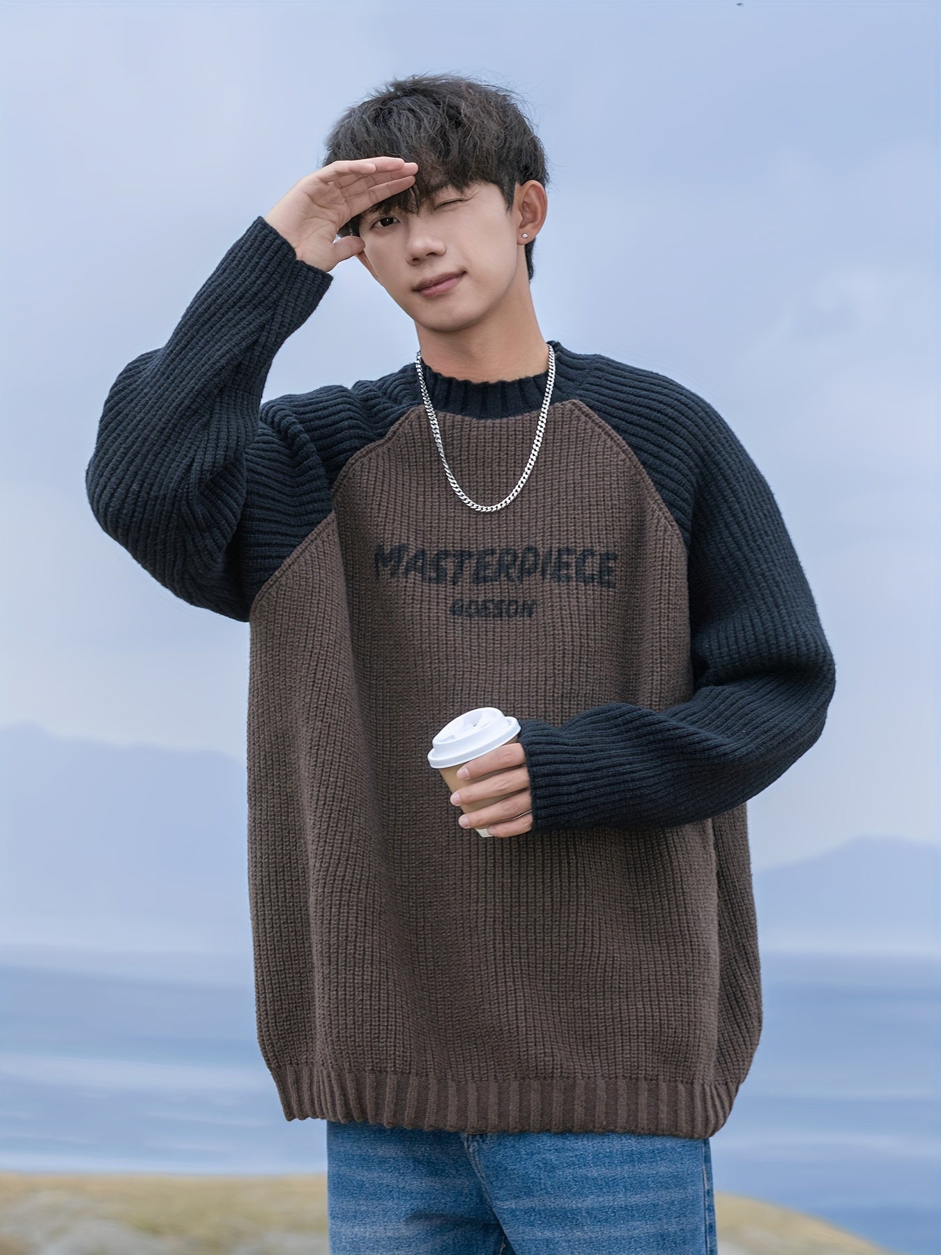 Men's Loose Color Block Letters Graphic Print Knitted Pullover