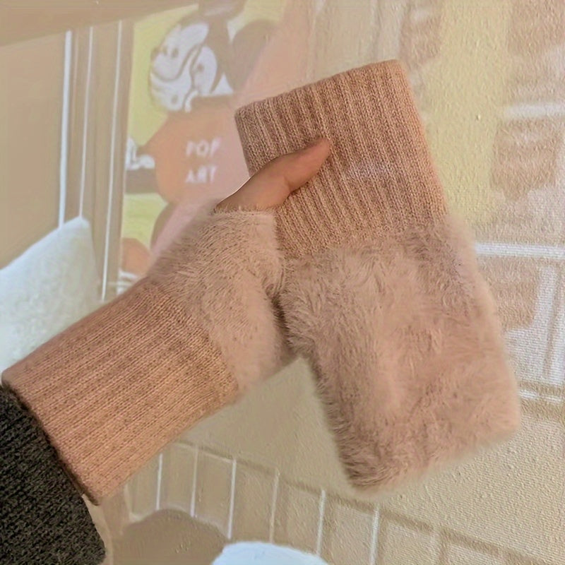 Pair Cozy Plush Fleece-Lined Knit Gloves