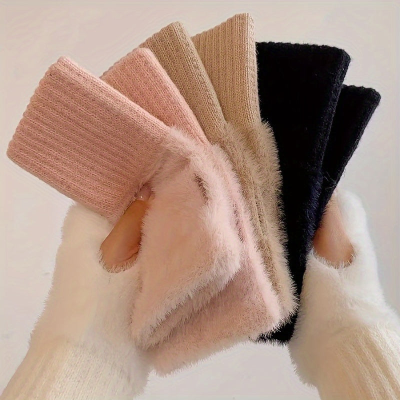 Pair Cozy Plush Fleece-Lined Knit Gloves