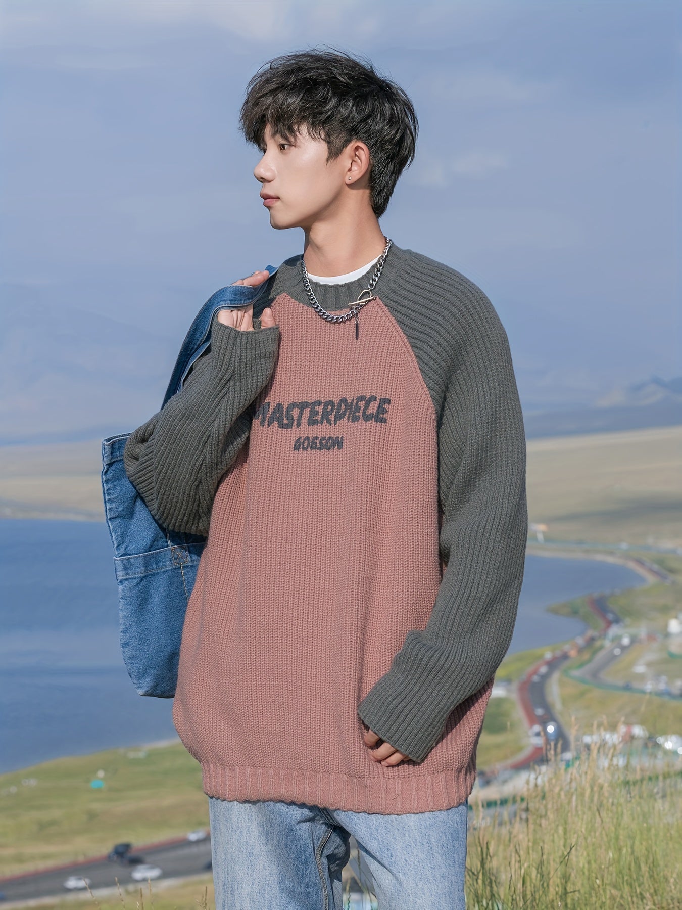 Men's Loose Color Block Letters Graphic Print Knitted Pullover