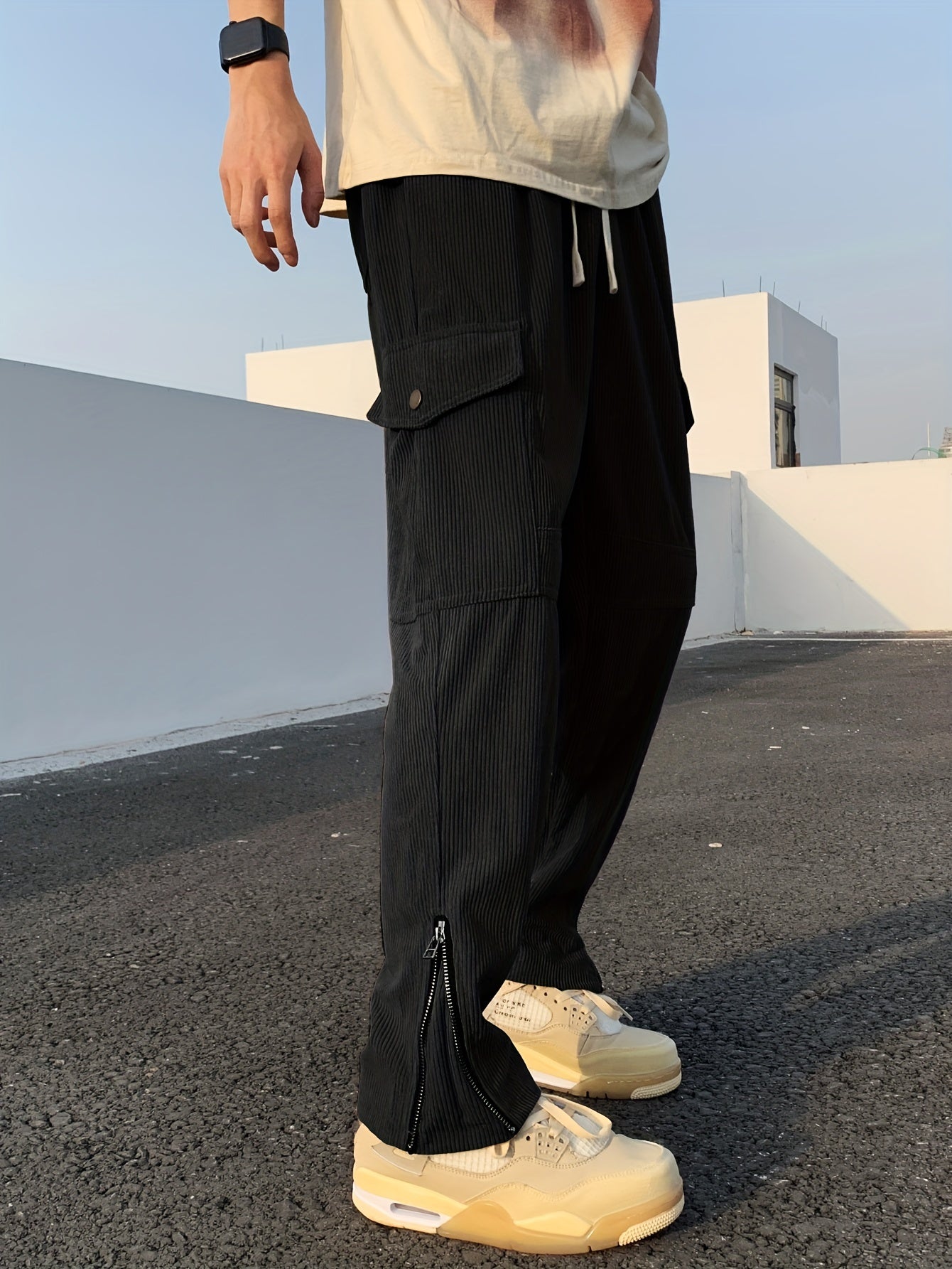 Trendy Solid Corduroy Cargo Pants