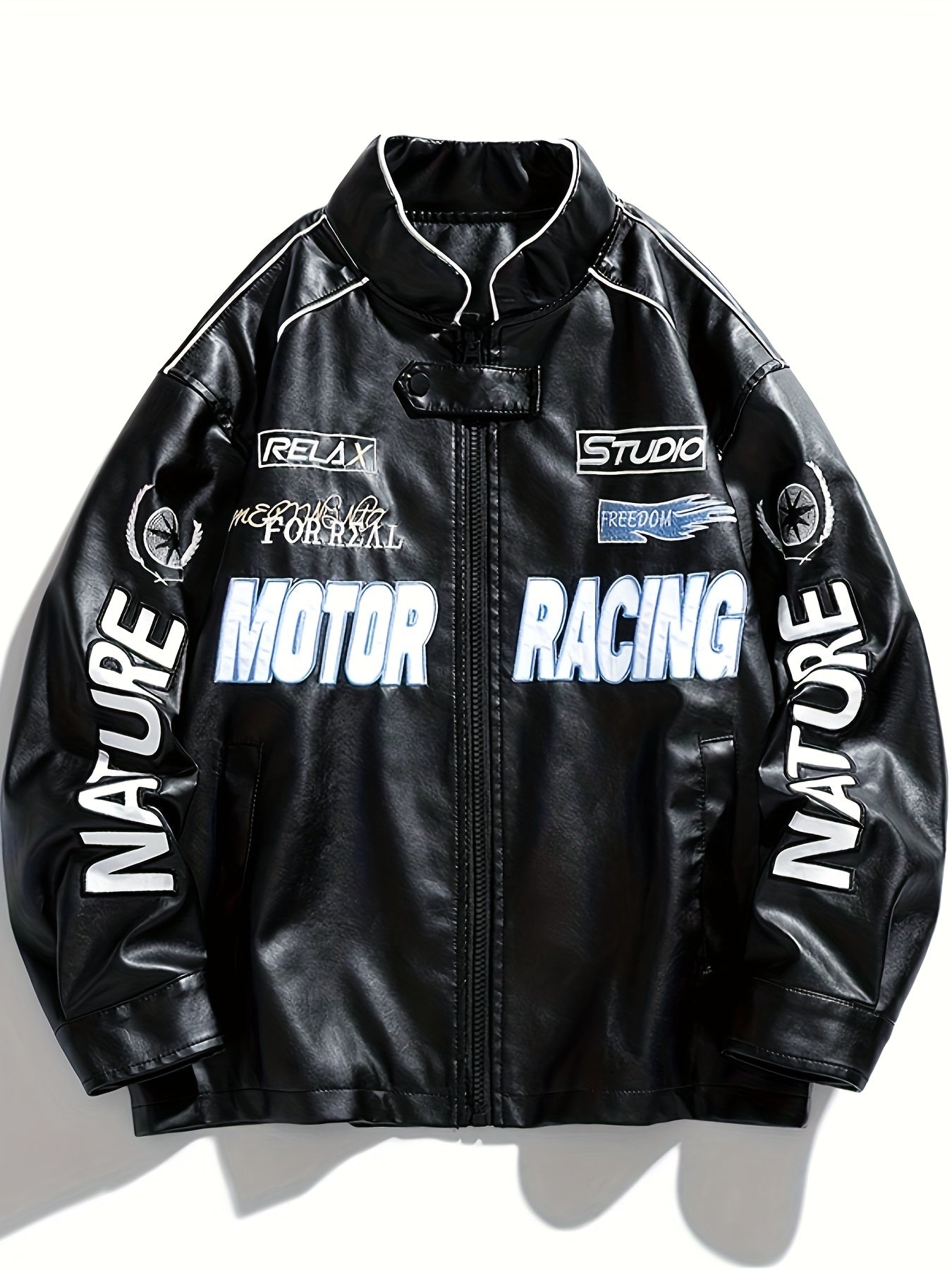 Men's Loose PU Leather MOTOR RACING Embroidery Graphic Print Jacket With Pockets