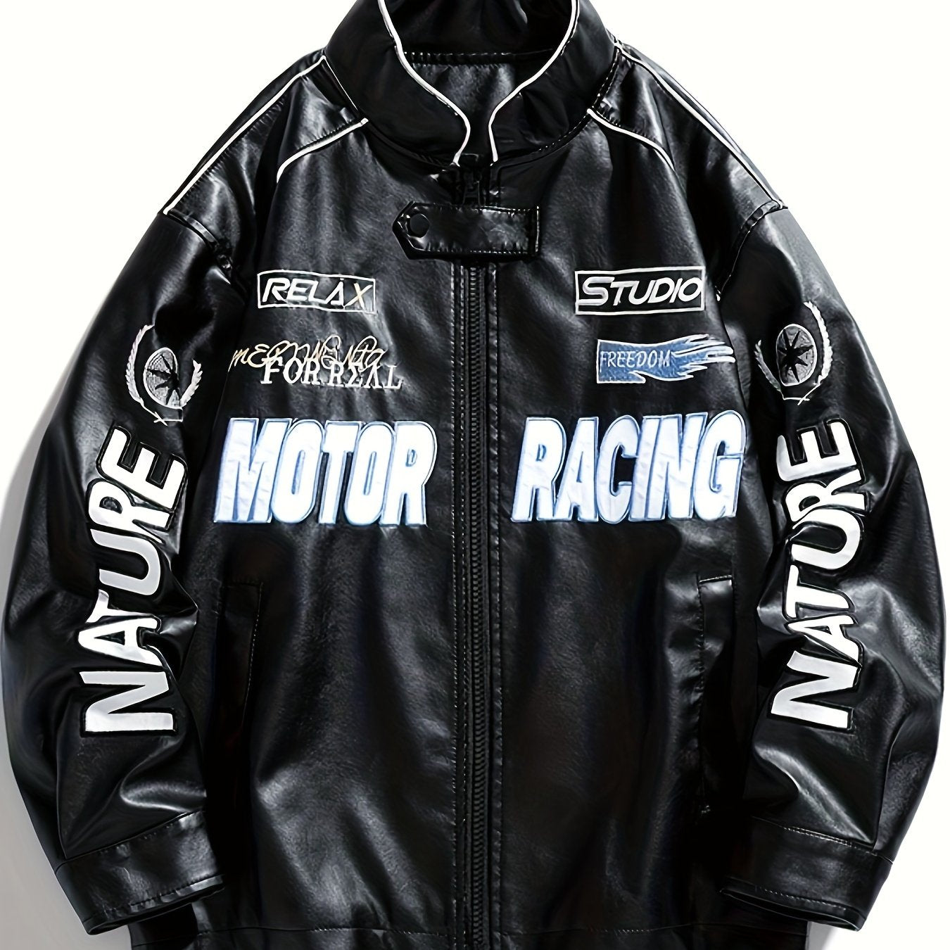 Men's Loose PU Leather MOTOR RACING Embroidery Graphic Print Jacket With Pockets