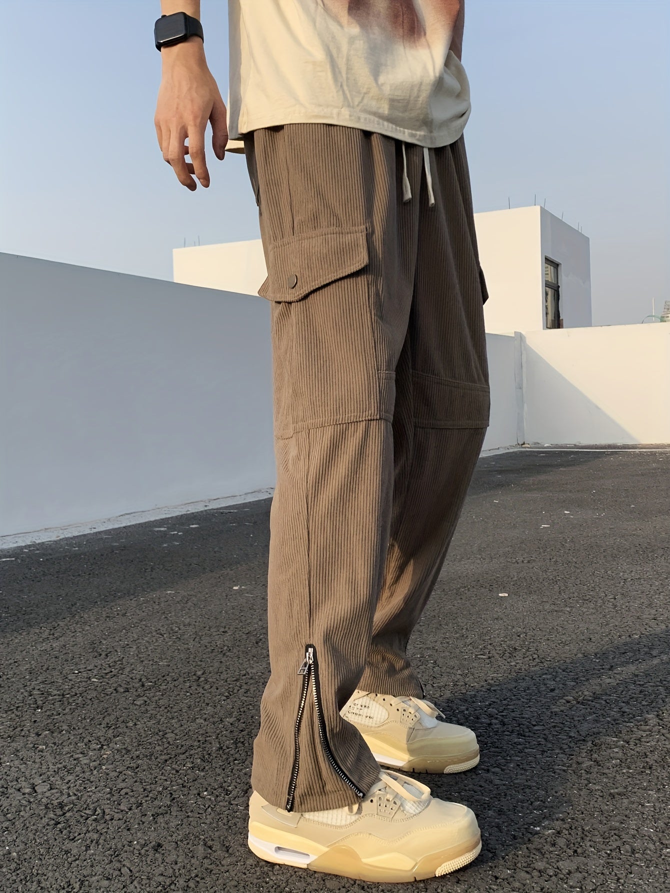 Trendy Solid Corduroy Cargo Pants