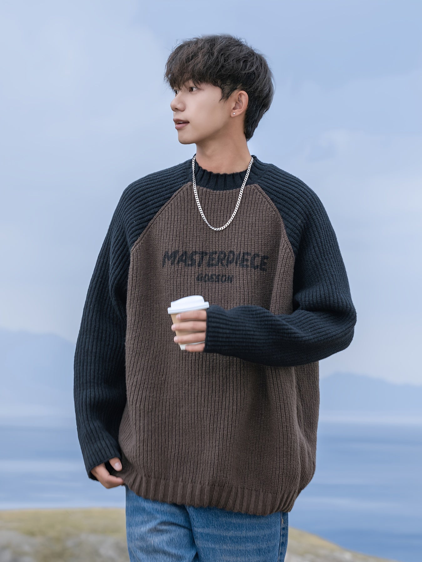 Men's Loose Color Block Letters Graphic Print Knitted Pullover