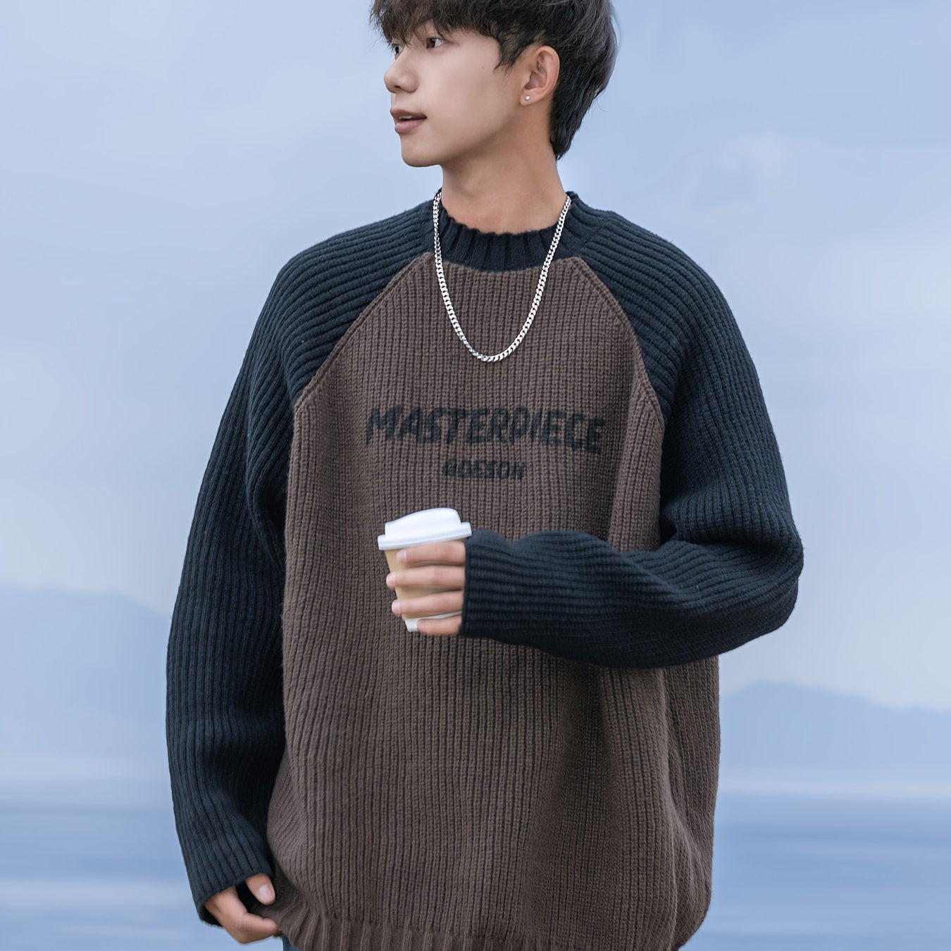 Men's Loose Color Block Letters Graphic Print Knitted Pullover