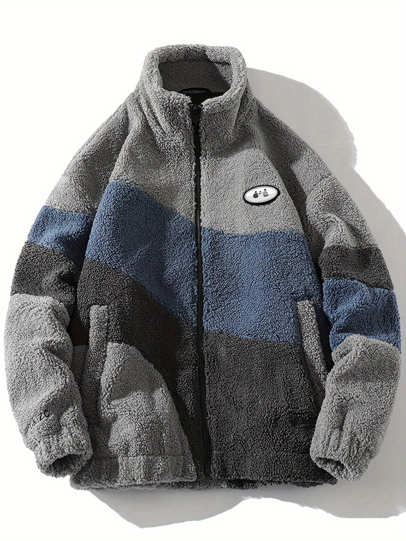 Men's Color Block Fleece Fluffy Jacket With Pockets