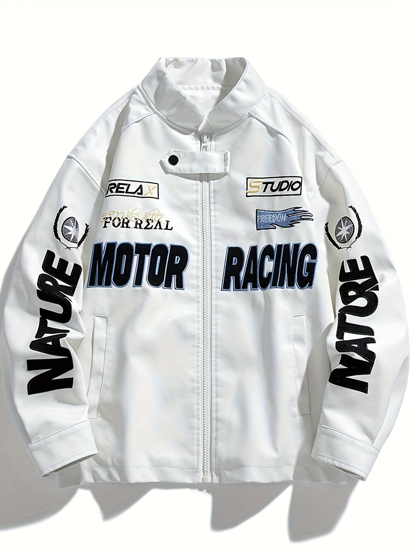 Men's Loose PU Leather MOTOR RACING Embroidery Graphic Print Jacket With Pockets