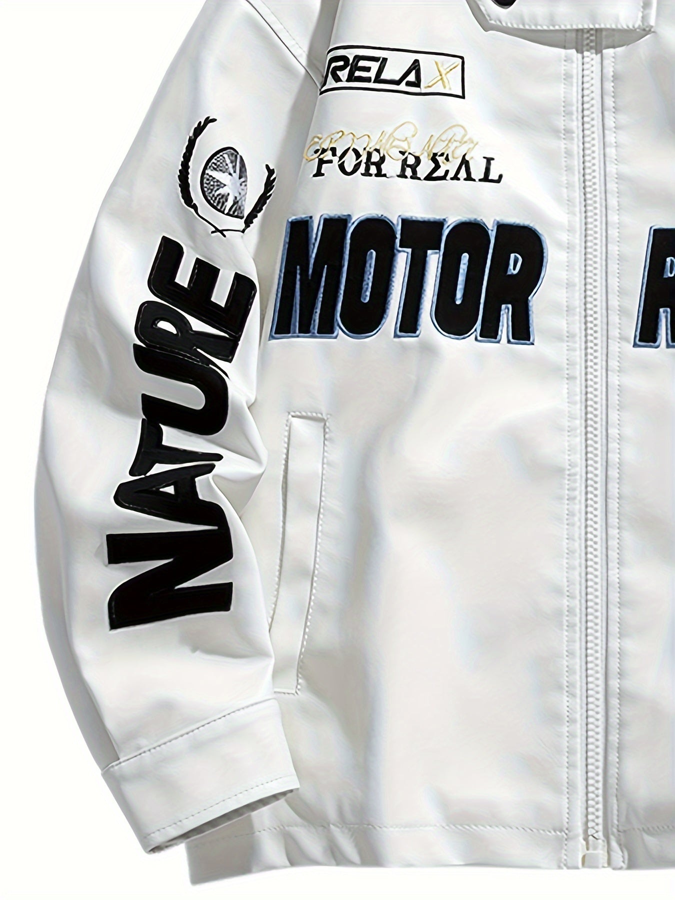 Men's Loose PU Leather MOTOR RACING Embroidery Graphic Print Jacket With Pockets