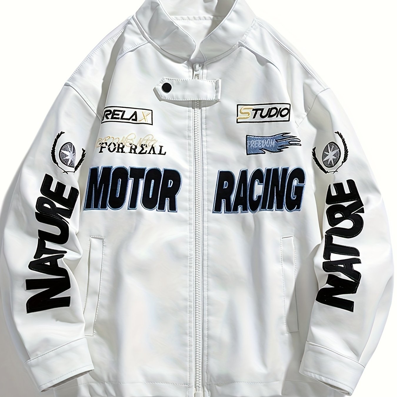 Men's Loose PU Leather MOTOR RACING Embroidery Graphic Print Jacket With Pockets